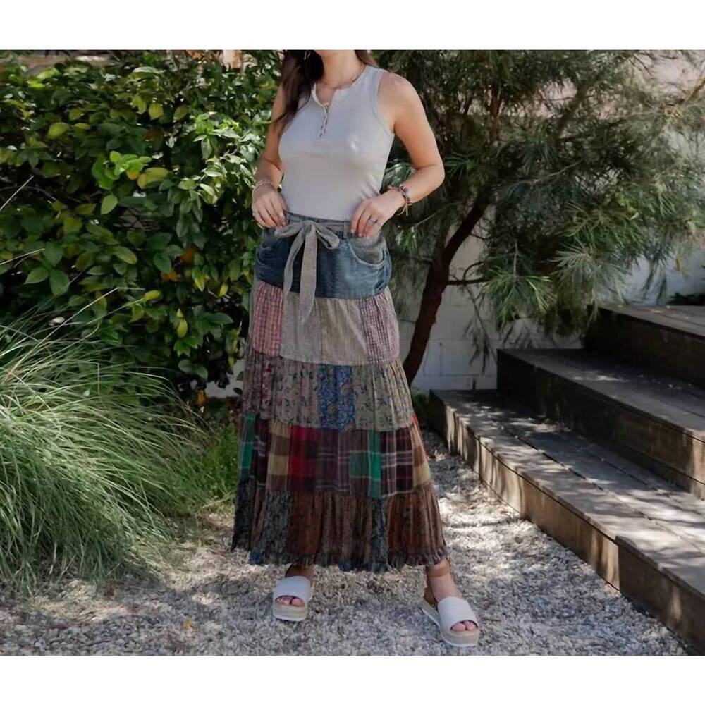 NEW YOUNG THREADS patchwork belted maxi skirt in blue